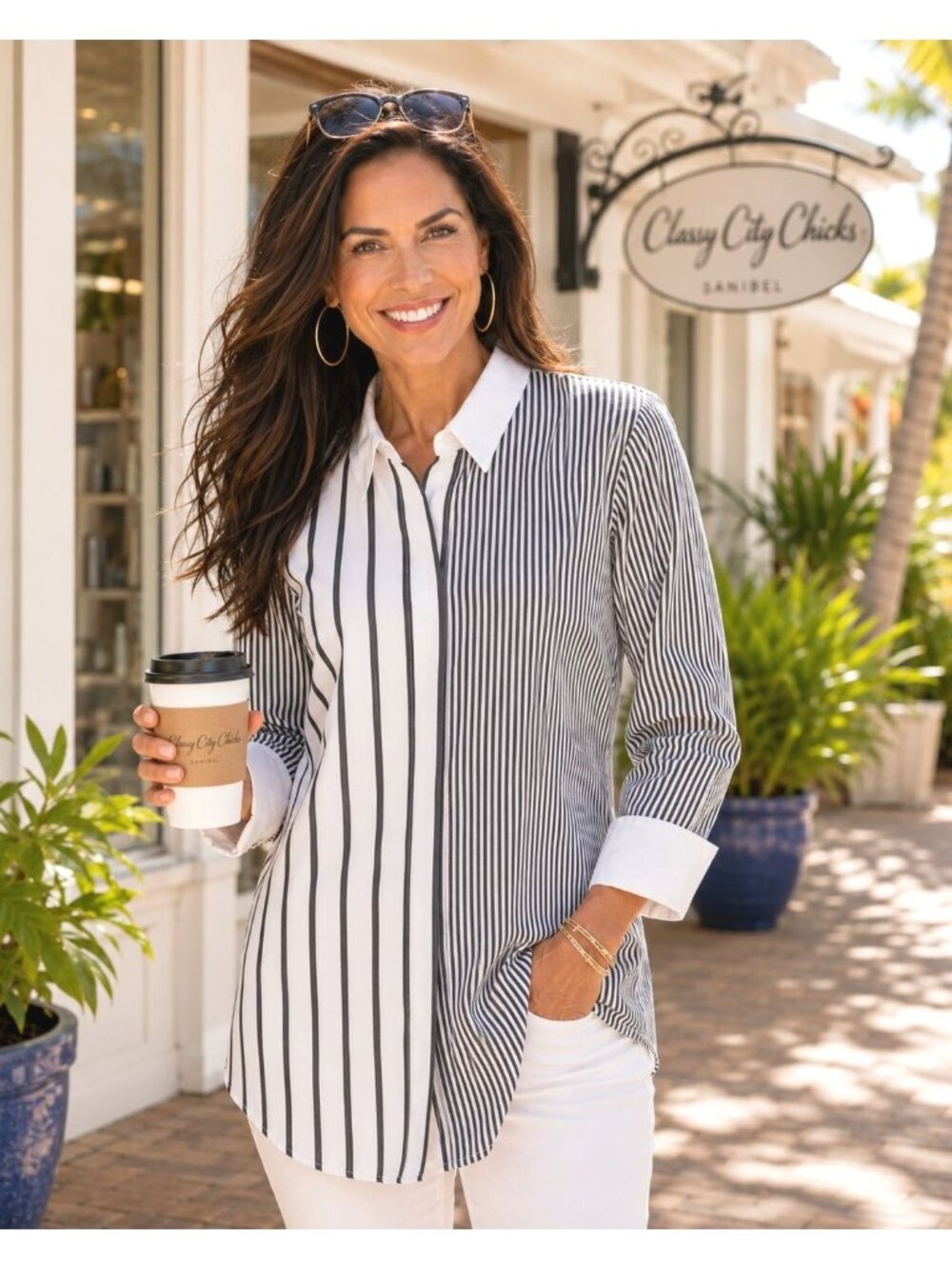 Chicos US 12 Black White Vertical Striped Tunic Shirt Relaxed Fit Preppy Style